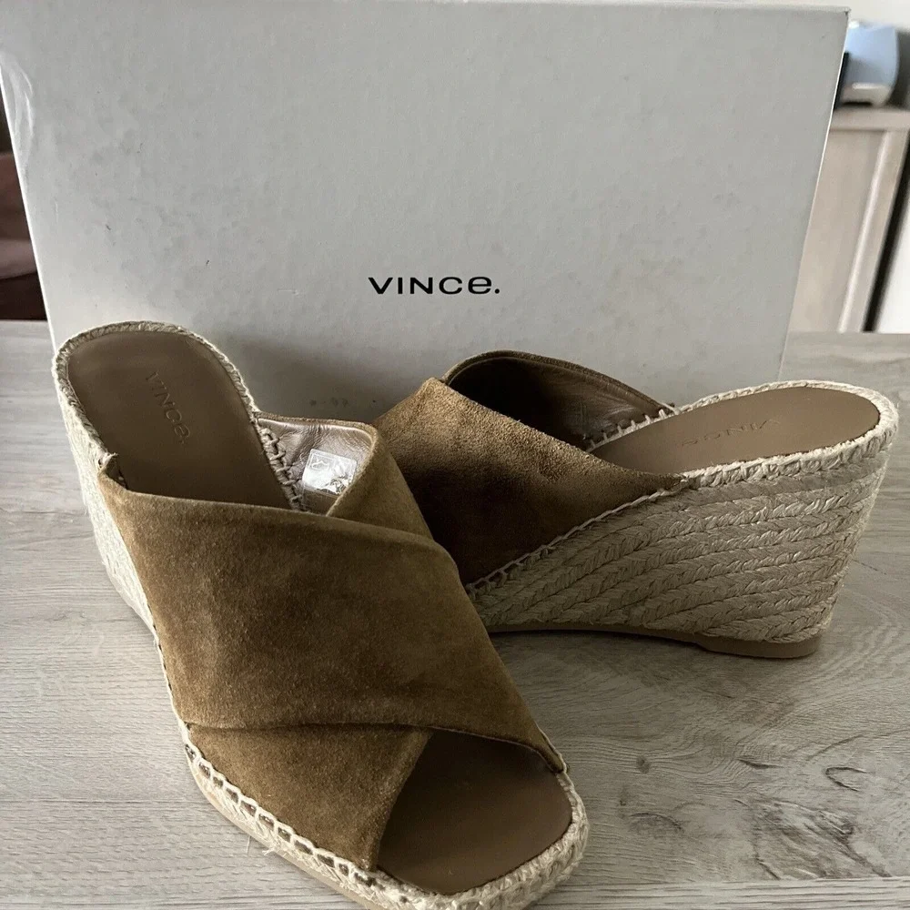 VINCE Gaelan‎ Olivewood Suede Espadrille Wedge Sandals Size 7.5 7 1/2